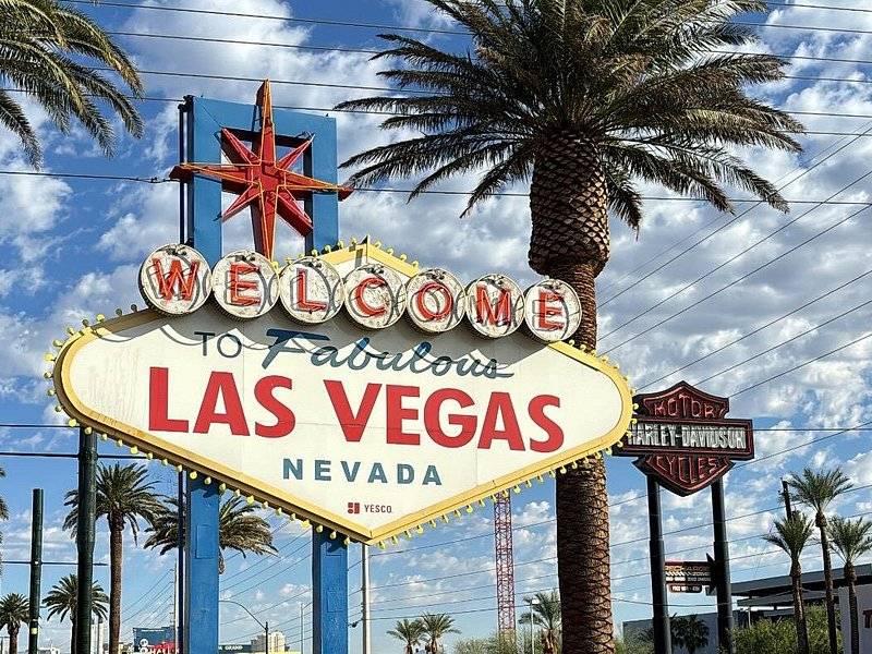 The Welcome to Fabulous Las Vegas sign in daylight, a palm behind it and the Harley-Davidson sign on the far side of the boulevard